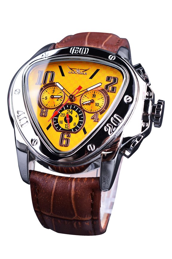 Fashion Mechanical Wrist Watch Triangle Racing Dial, Waterproof Golden Skeleton Dial Automatic Movement Leather Design Mechanical Watch for Men