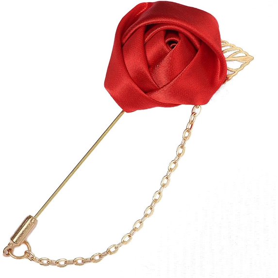 Fashion Men Rose Flower Lapel Stick Brooch Pin Satin Tassel Chain Dangling Handmade Boutonniere Pins for Suit Collar Men’s Wedding Groom Groomsman Floral Tuxedo Corsage Accessory Husband Father