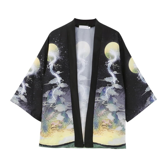 Fashion Men'S Kimono Cardigan Oversize Shirts Popular Pattern Printed Shirt Taoist Gown Top