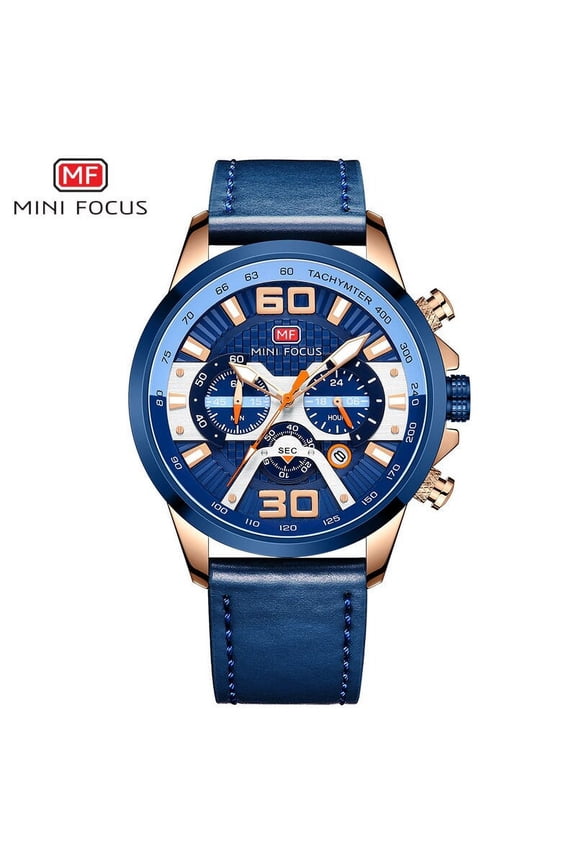 Fashion Men Watches Blue Leather Strap Multifunction Sub-Dials Chronograph Sport Waterproof Quartz Wristwatch Relogio Masculino