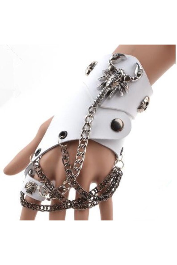 Fashion Men Women Hip-hop Non-mainstream Half-finger Gloves Chain Ring Genuine Leather Punk Rivet Gloves Rings