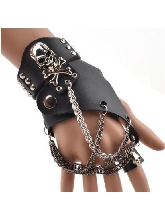 Fashion Men Women Hip-hop Non-mainstream Half-finger Gloves Chain Ring Genuine Leather Punk Rivet Gloves Rings