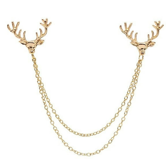 Fashion Men Women Shirt Suit Collar Deer Head Brooch Pin with Long Chain Gift