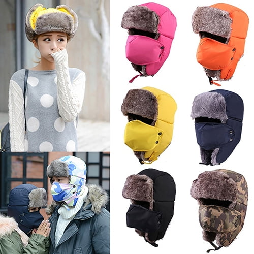 Fashion Men Women Winter Warm Trapper Ear Flap Ushanka Hat with Wind Proof Mask