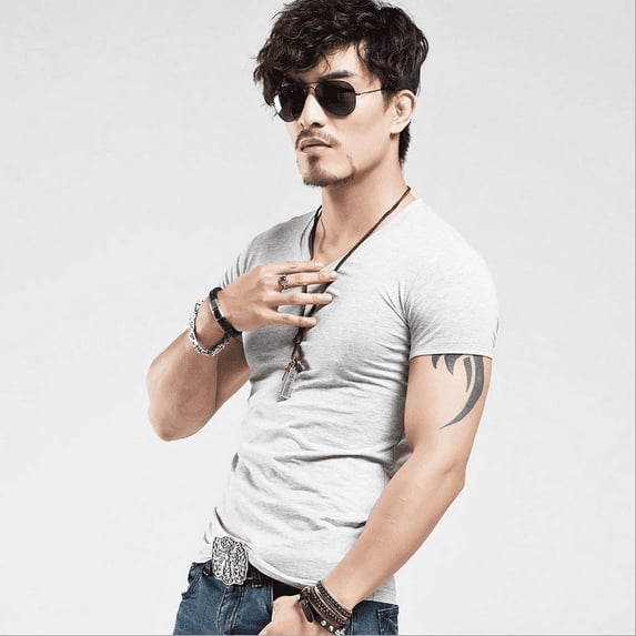 Fashion Men's Casual Tops T-Shirt Short Sleeve V-Neck Slim Fit Muscle Shirts Tee