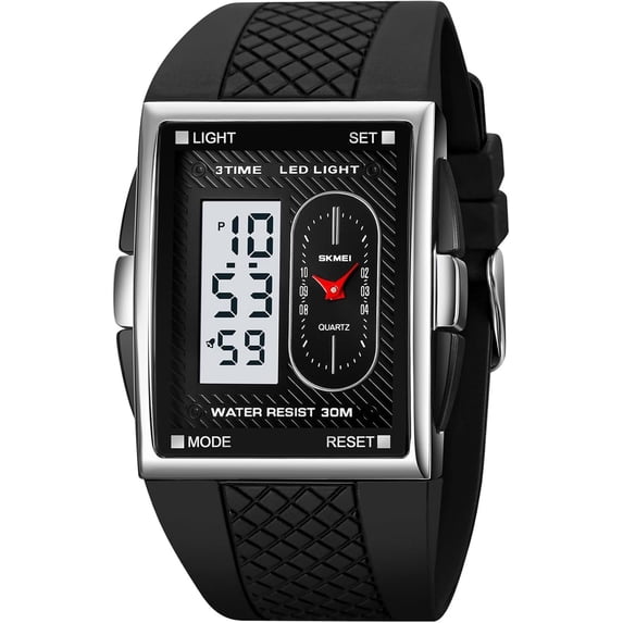 Fashion Men's Digital Analog Watches Square Face Sport Casual Dual Display Multifunctional Wristwatch for Men with Alarm Waterproof LED Luminous