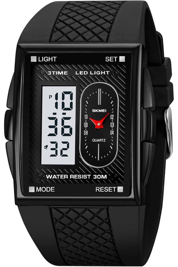 Fashion Men's Digital Analog Watches Square Face Sport Casual Dual Display Multifunctional Wristwatch for Men with Alarm Waterproof LED Luminous