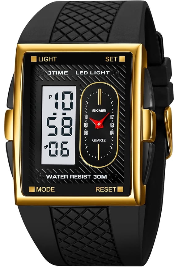 Fashion Men's Digital Analog Watches Square Face Sport Casual Dual Display Multifunctional Wristwatch for Men with Alarm Waterproof LED Luminous