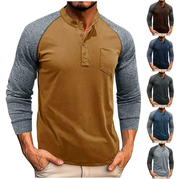 Fashion Men's Henley Long Sleeve Shirt Round Neck Casual Solid-Color Patchwork Button Pockets Basic Pullover Shirt S-2XL