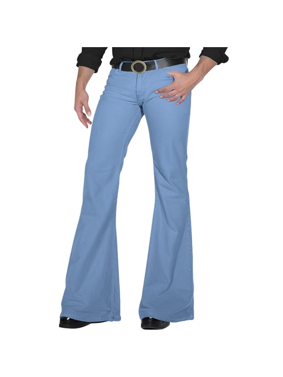 Fashion Men's Vintage Flared Pants Solid Stretch Slim Fit Trousers Hippie Style Casual Wide Leg Pants Male Streetwear Retro Stretch Twill Men's Trousers Sky Blue L