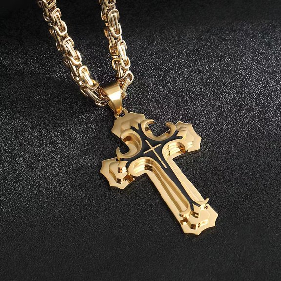 Fashion Men's Vintage Flat Handmade Necklace With Multilayer Golden Black 14K Yellow Gold Cross Pendant Necklace Jewelry
