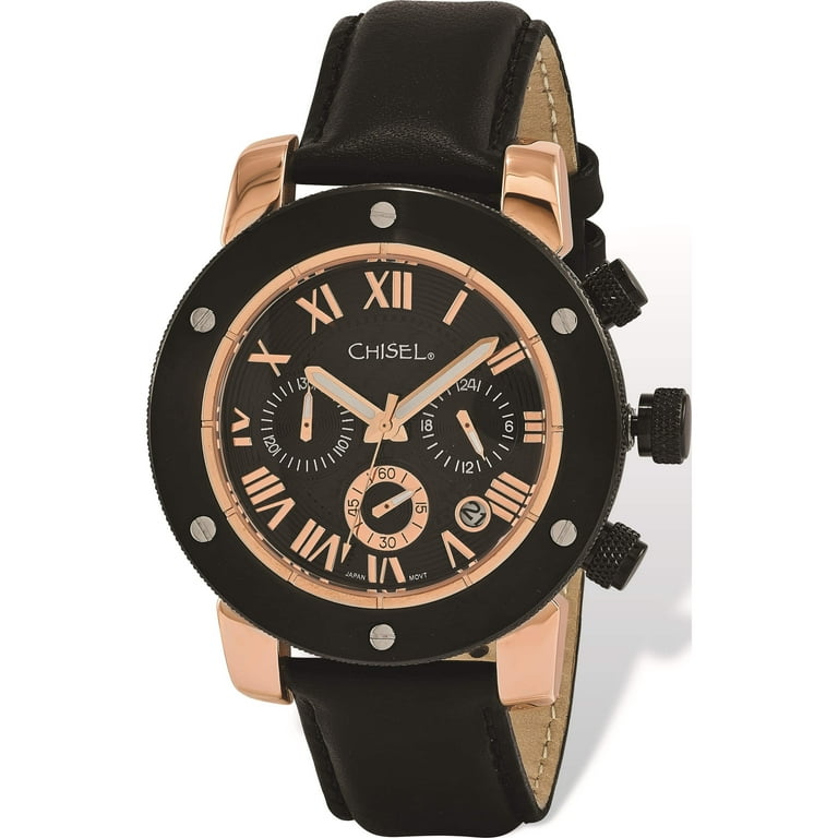 Fashion Mens Chisel Rose Ip-Plated Black Dial Chronograph 