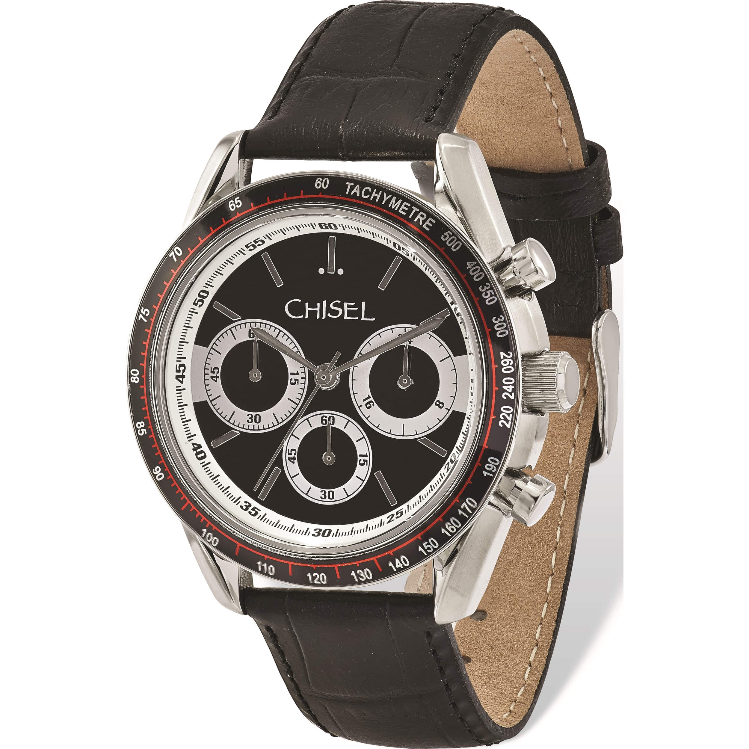 Fashion Mens Chisel Stainless Steel Black Leather Chronograph Watch (8.75 X 1.75) Made In China tpw105