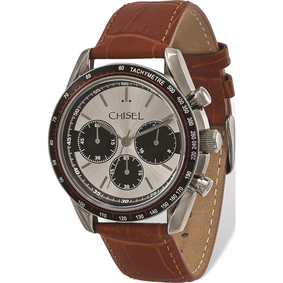 Fashion Mens Chisel Stainless Steel Brown Leather Chronograph Watch (8.75 X 1.75) Made In China tpw104