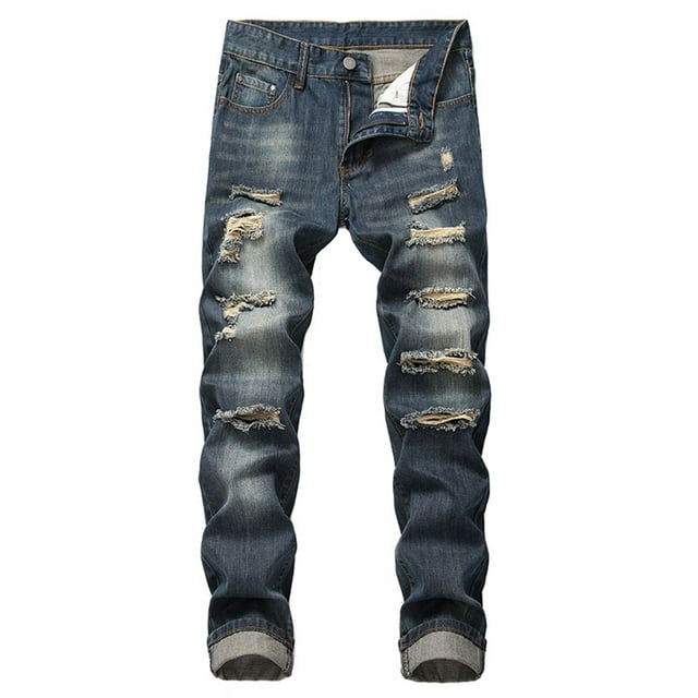 Fashion Mens Ripped Jeans Destroyed Slim Fit Straight Casual Washed ...