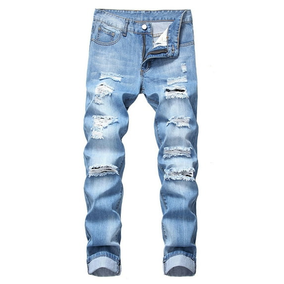 Fashion Mens Ripped Jeans Destroyed Slim Fit Straight Casual Washed Vintage Pants with Holes