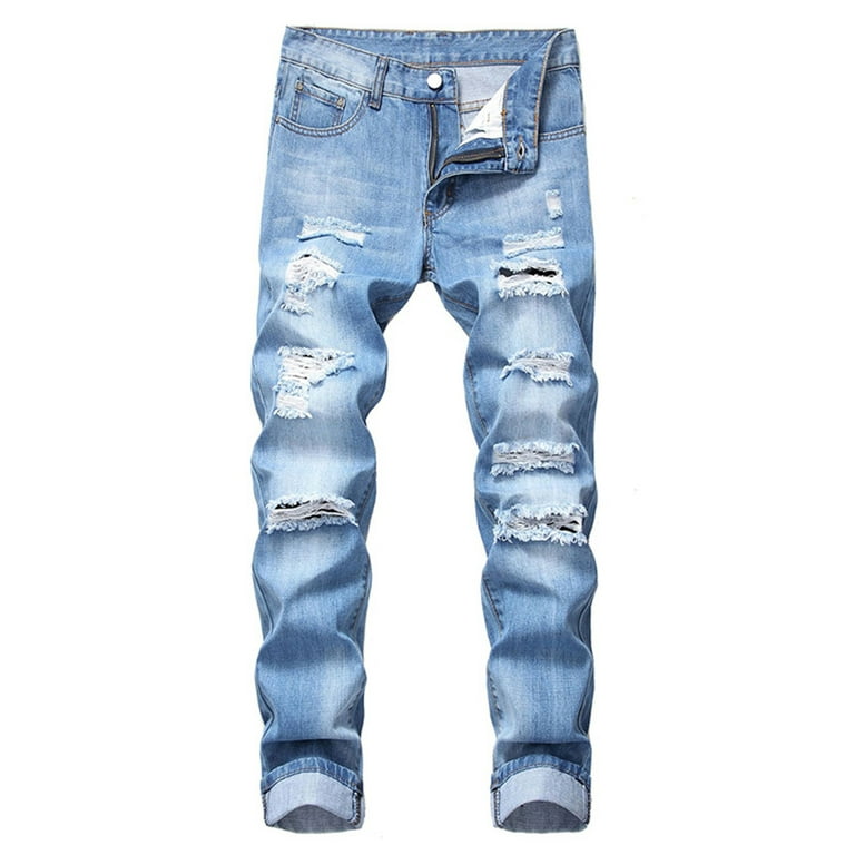 Fashion Mens Ripped Jeans Destroyed Slim Fit Straight Casual Washed Vintage  Pants with Holes