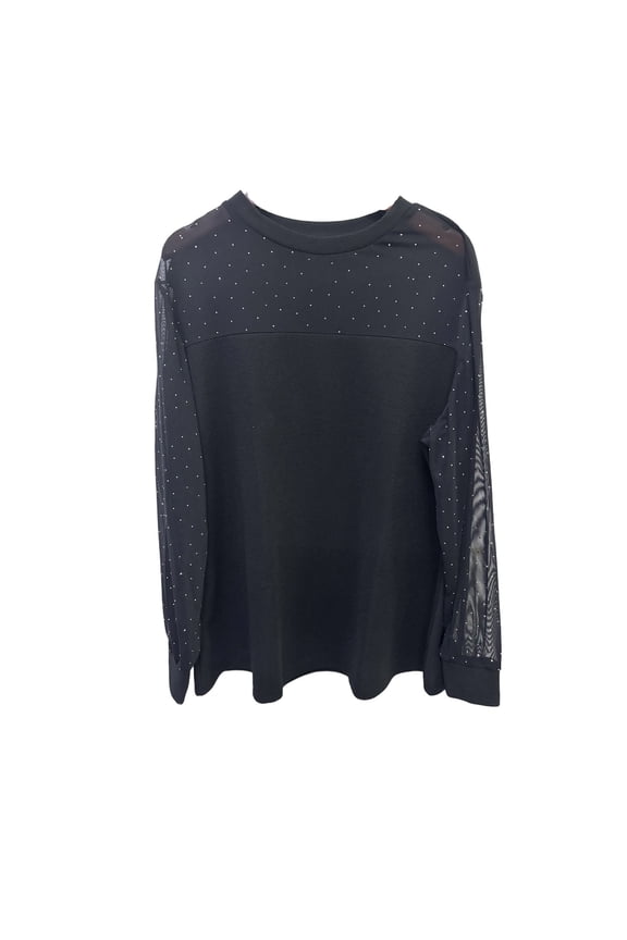 **Fashion Mesh Panel Rhinestone Blouse**, Elegant Long Sleeve Sheer Tunic Top with Glitter Patchwork, Crewneck Casual Blouse for Women, Autumn Party Travel Wear (188 characters)