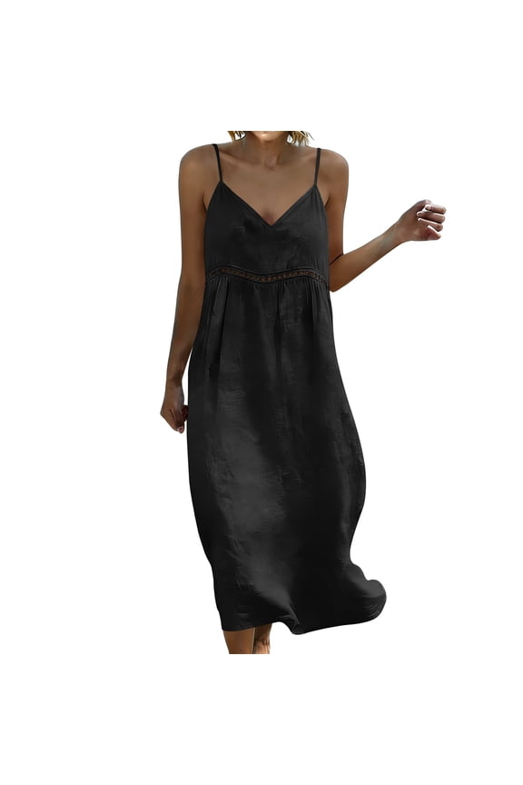 Fashion Min Dresses for Womens 2026 Summer Plus Size Cotton And Linen Long Skirt With Thin Shoulder Straps V-neck Lace Straps Casual Beach Vacation Dress