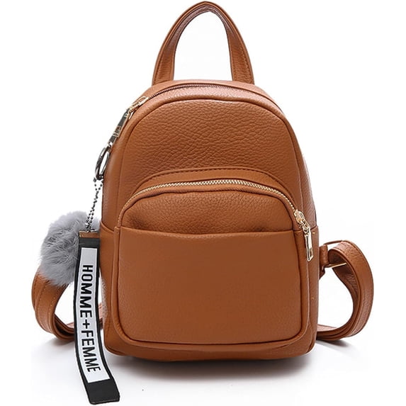 Fashion Mini Backpack Ladies Daypack Small Rucksack with Pompom Women PU Leather Backpack Purse for Travel Dating Shopping Brown
