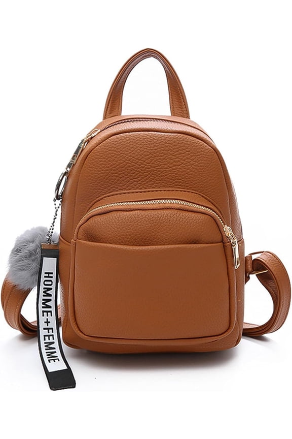 Fashion Mini Backpack Ladies Daypack Small Rucksack with Pompom Women PU Leather Backpack Purse for Travel Dating Shopping Brown