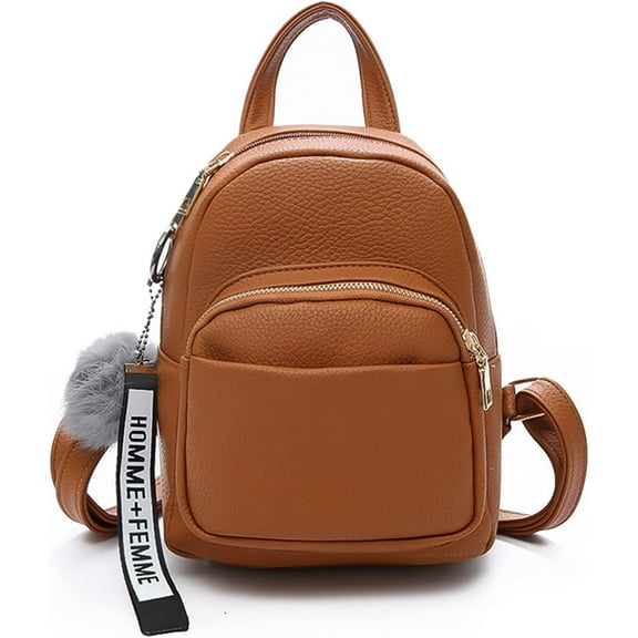 Fashion Mini Backpack Ladies Daypack Small Rucksack with Pompom Women PU Leather Backpack Purse for Travel Dating Shopping Brown