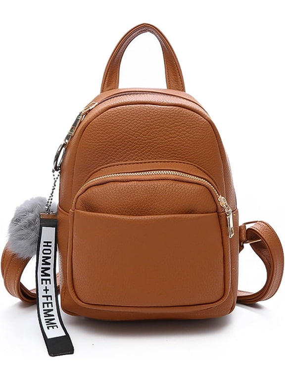 Fashion Mini Backpack Ladies Daypack Small Rucksack with Pompom Women PU Leather Backpack Purse for Travel Dating Shopping Brown