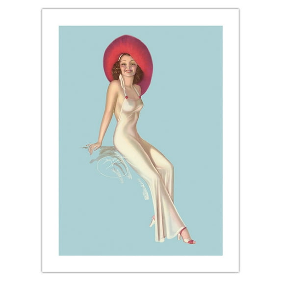 Fashion Model with Red Hat - Vintage Pin Up Girl Poster by Billy DeVorss c.1940s - Bamboo Fine Art 290gsm Paper (Unframed) 12x16in