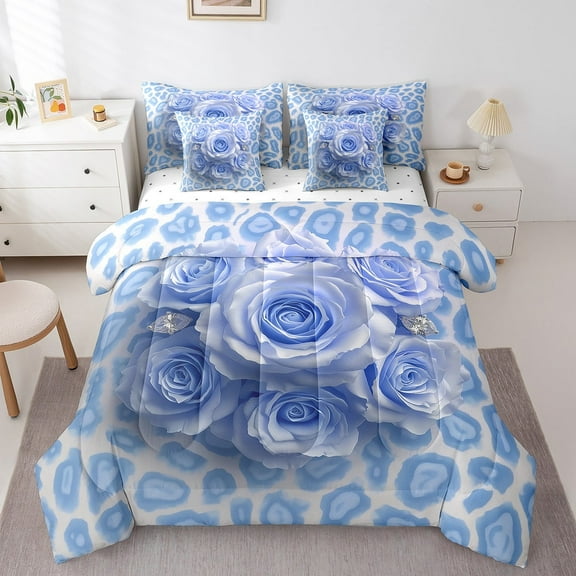 Fashion Modern Valentine Comforter Set 7 Pieces,3D Blue Rose Floral Bed Set,Vintage Leopard Print Bedding Bed in a Bag Soft,Twin (1 Comforter,2 Pillowcase,2 Pillow Covers,1 Flat Sheet,1 Fitted Sheet)