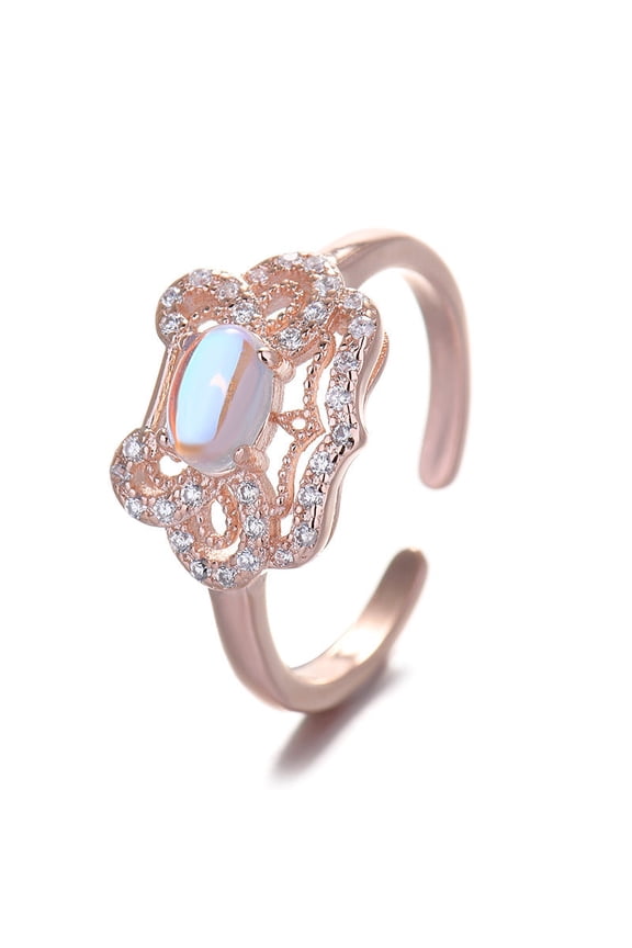 Fashion Moonstone Ring, Korean Style, Adjustable Opening, Copper, U-Shape, Electroplated, Women's Fashion Ring, 10*14mm Ring Face, 17mm Inner Diameter