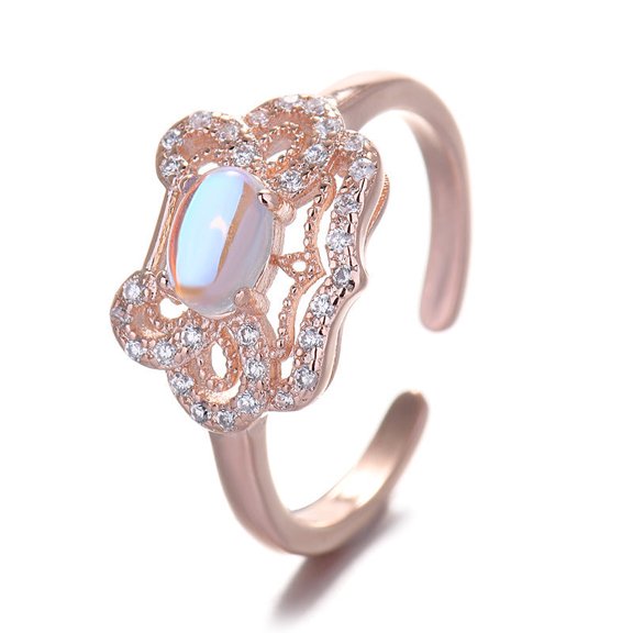 Fashion Moonstone Ring, Korean Style, Adjustable Opening, Copper, U-Shape, Electroplated, Women's Fashion Ring, 10*14mm Ring Face, 17mm Inner Diameter