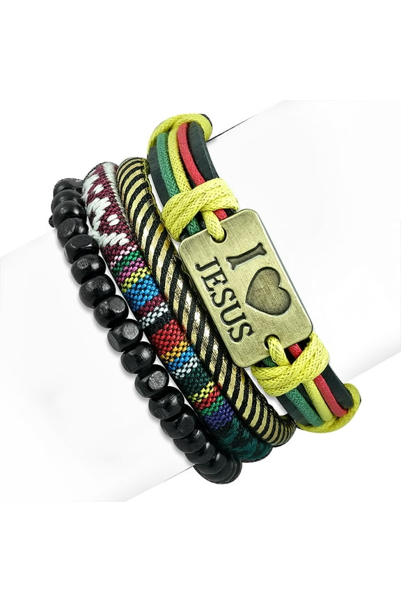 Fashion Multicolor Rainbow Leather I Love Jesus Religious Bracelet Set, Adjustable