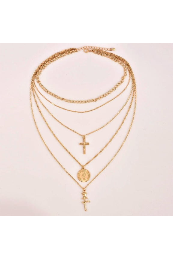 Fashion Multiple Layers Rose Cross Necklaces For Women Charm Gold Silver Chokers Necklace Boho Collares Female Jewelry