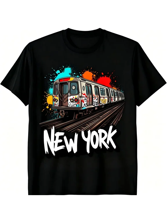 Fashion NYC Graffiti Subway Train Graphic T‑Shirt, New York Urban Street Art men Casual Crew Neck Short Sleeve Tee Men T shirts
