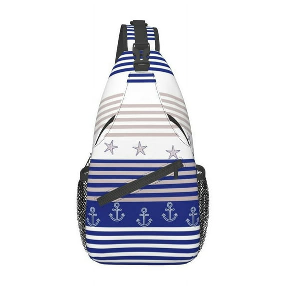 Fashion Navy Blue Stripes l Anchor Boat Sling Bags for Cycling Camping Men Crossbody Chest Backpack Shoulder Daypack