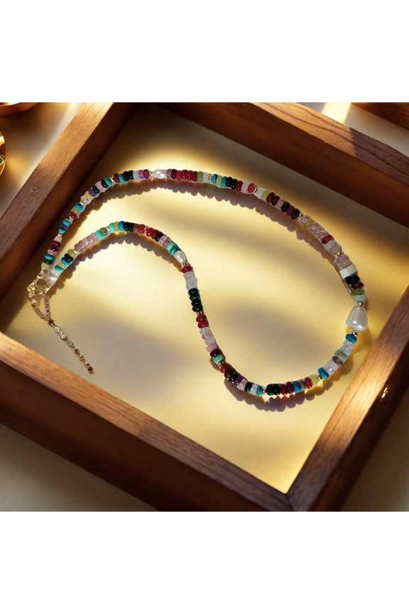 Fashion Necklace For Women, Rainbow Guardian Necklace, Beaded Choker Necklace Stone Surfer Necklace With Natural Pearl, Dopamine Light Luxury Women's Necklace, Rainbow