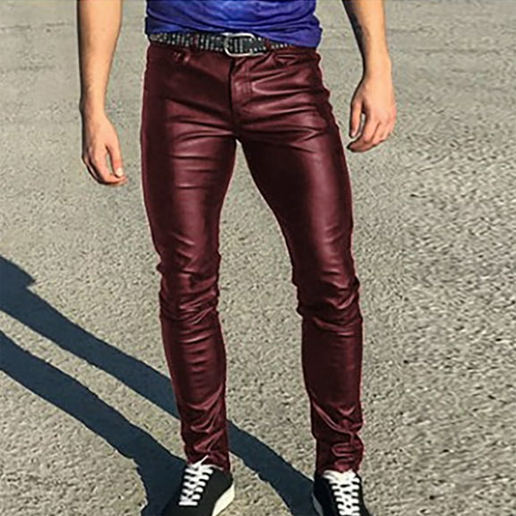 Fashion New Arrivals,AXXD Punk Retro Gothic Slim Fit Pants Solid Leather Full Pants Clearances Snow Pants Wine 14