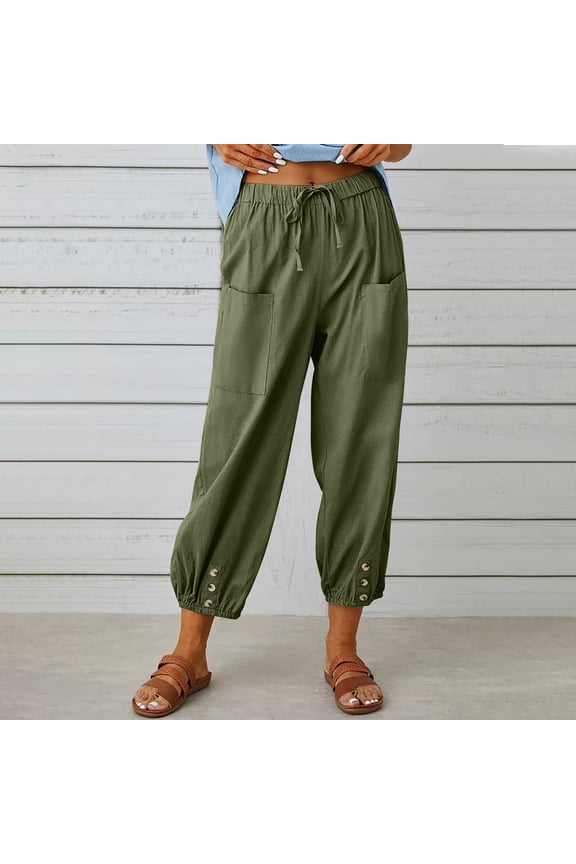 Linen Pants Women Summer Loose Linen Pocket Solid Pants Yoga For Women Green 10