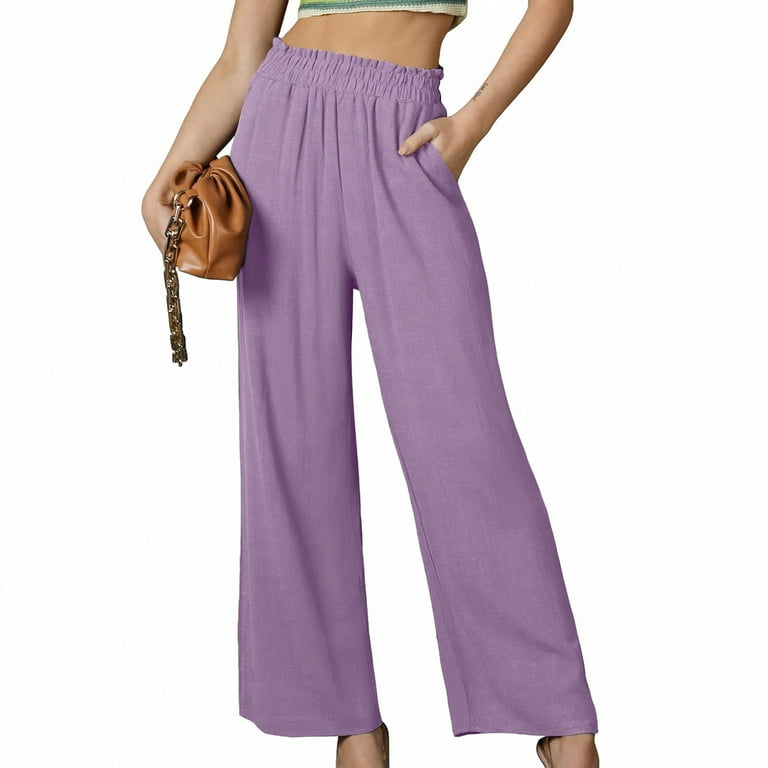 New Spring Fashion,POROPL Fashion Casual Solid Elastic Loose Straight Wide  Leg Linen Pants Women Summer Clearance Purple Size 8