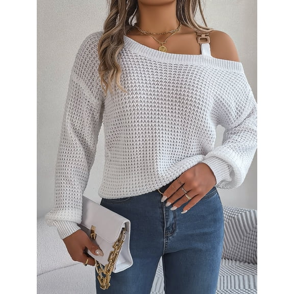 New Fashion New Casual Metal Buckle Splicing Off Shoulder Lantern Sleeve Head Sweater for Women
