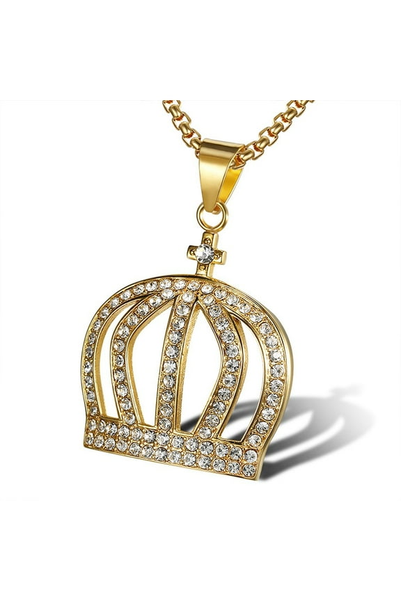 Fashion New hip hop gold color Crown 14K Yellow Gold Necklaces Pendant with zircon free chain men Jewelry