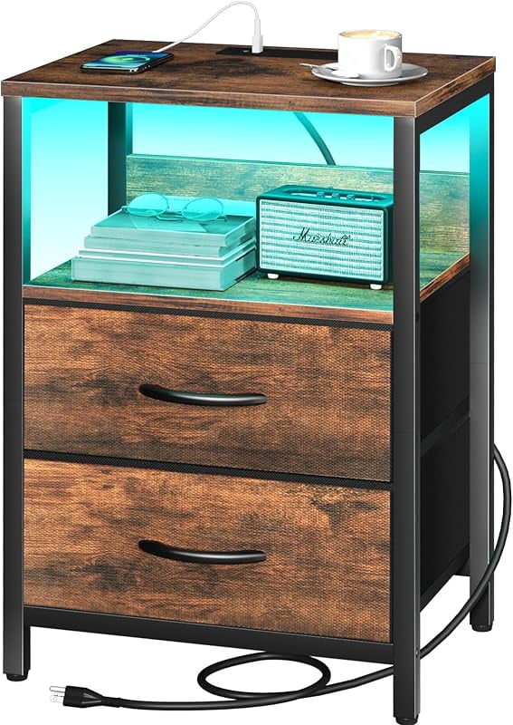 Mini Computer Night Stand Fashion Nightstand with Charging Station, LED Night Stand with Fabric ...