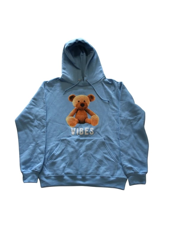 Vibes Teddy Bear Lt. Blue Drawstring Hoodie Men's Size Small