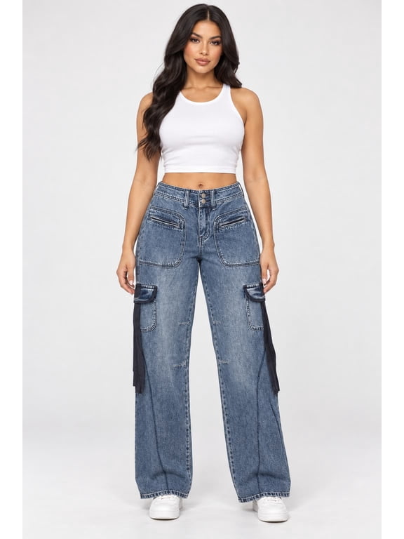 Fashion Nova Women's Acid Wash Wide-Leg Cargo Jeans