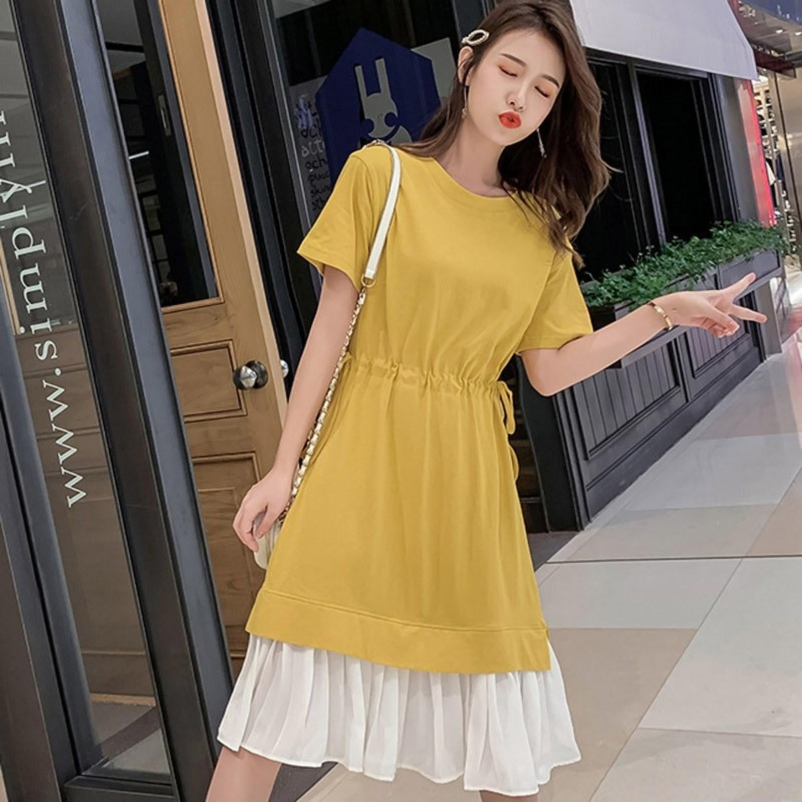 Fashion Novel Design Patchwork Women's Dress Summer Short Sleeve Lace Up  Casual Simple A-Line Fake Two Piece Loose Dress