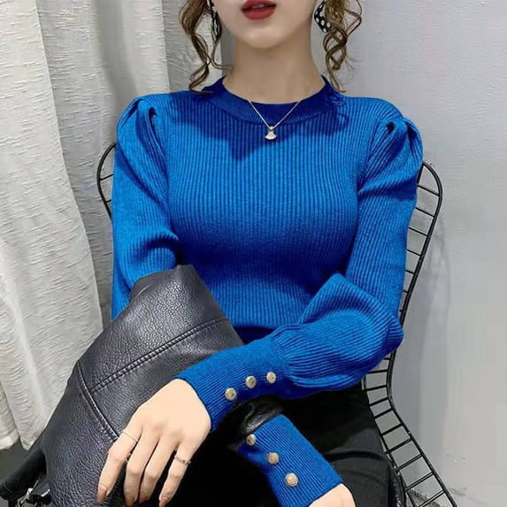 Fashion O-neck Elastic Female Pullover Sweater Lantern Sleeve Buttons Women Jumpers Knit Tops Winter Clothes Women Pull Femme