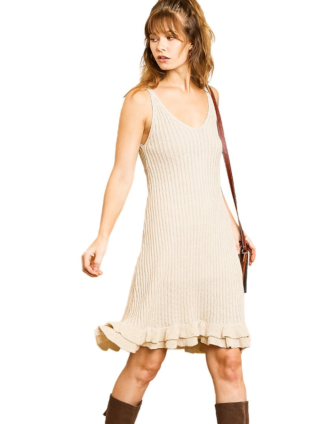 Fashion Oatmeal Sleeveless Ribbed Knit V-Neck Mini Sweater Dress with  Ruffled Hem - Walmart.com