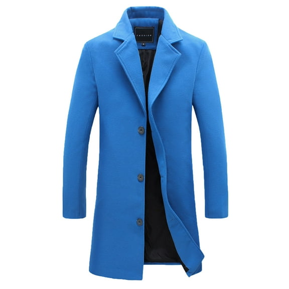 Fashion Olyvenn Men's Slim Winter Wool Blend Coat Single Breasted Business Long Pea Coats Notched Lapel Trench Jacket Overcoat Blue 6