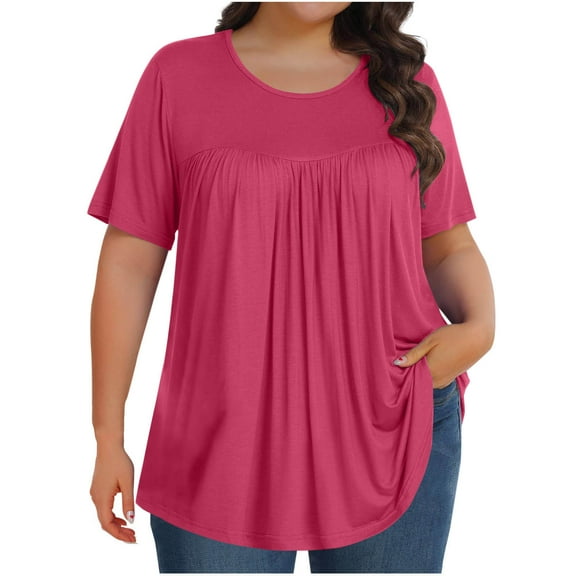 Fashion Olyvenn Plus Size Tops for Women Dressy Crew Neck Boho Summer Blouses Pleated Tunic Tops to Hide Belly Loose Fit Pink XXL