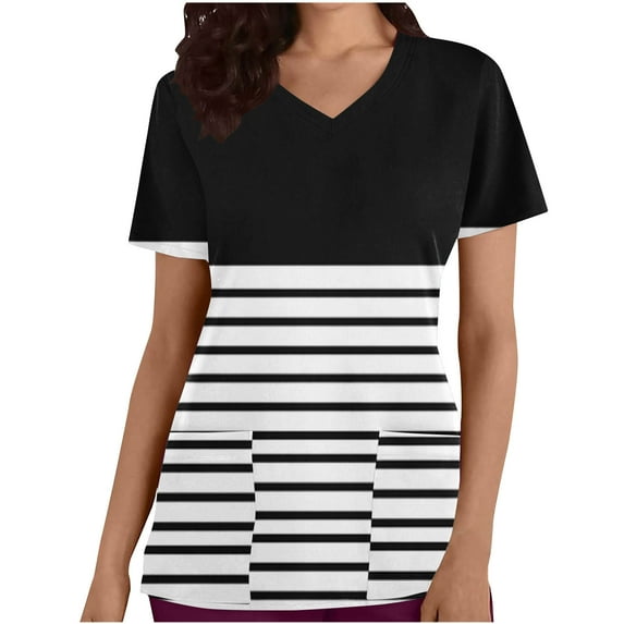 Fashion Olyvenn Scrub for Women Crewneck Blouse Casual Fashion Color Block Striped Nursing Shirts Summer Uniform Tops Tshirts with Pockets Black XXL